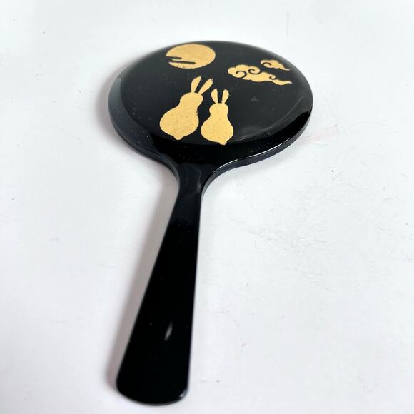 Black and Gold Lusterware 4" Handheld mirror with Gold Bunnies Moon Clouds - Picture 4 of 4
